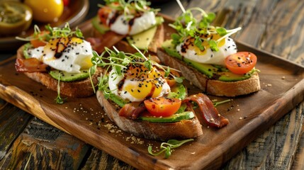 Brunch with poached eggs, an avocado toast served with whole-grain bread, garnished with cherry tomatoes, microgreens on rustic wooden plates - obrazy, fototapety, plakaty