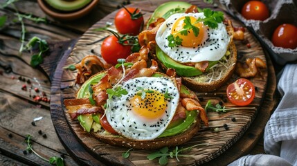 Brunch with poached eggs, an avocado toast served with whole-grain bread, garnished with cherry tomatoes, microgreens on rustic wooden plates - obrazy, fototapety, plakaty