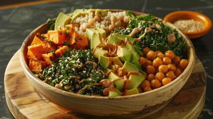 Buddha bowl arranged on a wooden serving platter with quinoa, roasted sweet potatoes, kale, chickpeas, avocado slices. Healthy food concept background