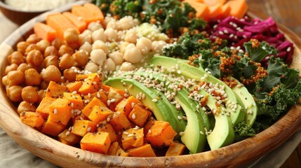 Buddha bowl arranged on a wooden serving platter with quinoa, roasted sweet potatoes, kale, chickpeas, avocado slices. Healthy food concept background