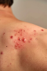 Detailed view of a red, inflamed skin rash on a person's back, discomfort and irritation.
