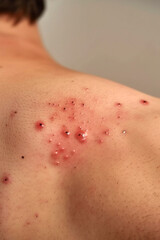 Fototapeta premium Detailed view of a red, inflamed skin rash on a person's back, discomfort and irritation.