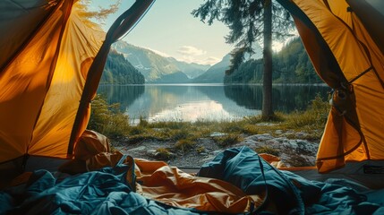 A tent is open to the outdoors, with a view of a lake