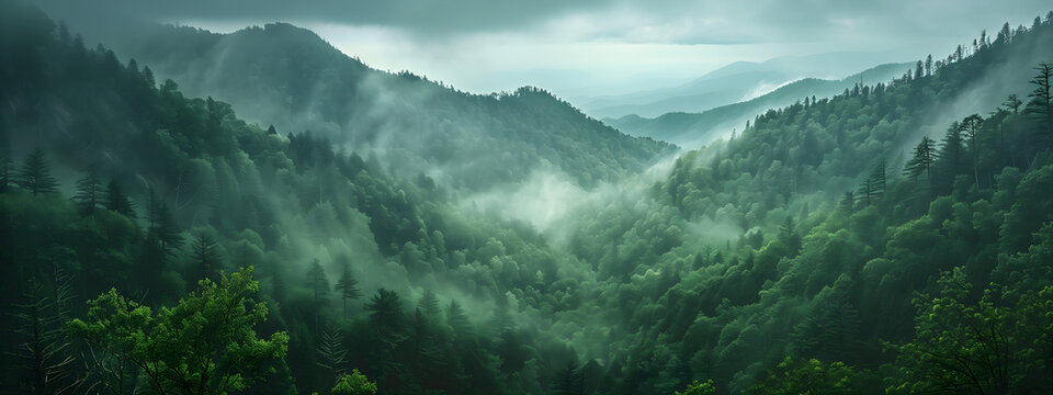 A panoramic view of the Great Smoky Mountains, covered in dense green forests and misty hills