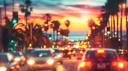 Blurred background of palm trees and sunset in Los Angeles, California with cars moving on the street. Cover image with copy space for music album or marketing material for a car rental service. - obrazy, fototapety, plakaty