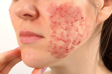 An individual applying soothing cream to alleviate discomfort caused by a red, inflamed skin rash.
