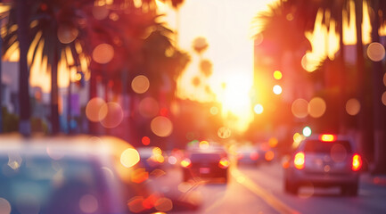 A blurred focus background with Coastal road at sunset with traffic and palm trees. California lifestyle and travel concept. Image with copy space for music album or material for a car  rental service