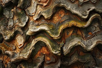 Gnarled ancient tree bark patterns in a palette of earth tones offer an abstract perspective from a woodland scene