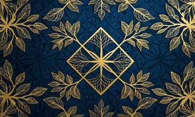 Golden leaves adorn a blue patterned background, offering a luxurious and decorative texture, ideal for detailed fashion design or elegant wallpaper.