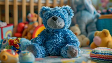 A charming blue teddy bear sitting on a soft blanket surrounded by an array of colorful toys and plush animals inviting playful exploration and cuddles in a cozy nursery setting.