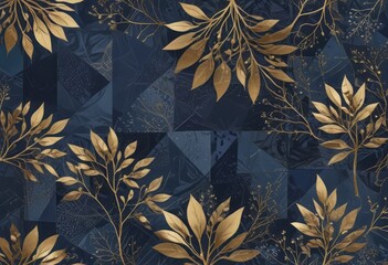 Artistic composition of golden leaves against a geometric blue background, suggesting a blend of nature and design.