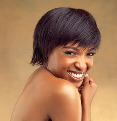 Short hair, beauty or portrait of happy black woman in studio for keratin growth, healthy shine or...