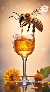 Vertical video of a bee sitting on a glass making honey wine. A peaceful concept with a diligent little insect.