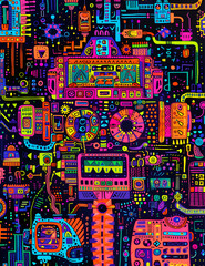 A colorful, abstract painting of a robot with a face
