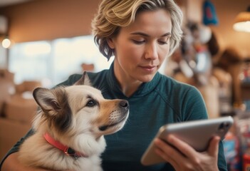 A woman and her two dogs engage with a smartphone, sharing a moment of connection in a cozy indoor setting.