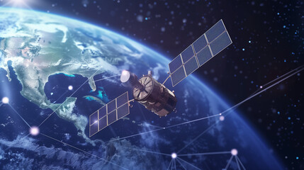 Communications Satellite Orbiting Earth in Space. A detailed communications satellite orbits Earth, connected via signal beams against a starry space backdrop.