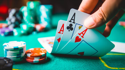 Winning Hand: Aces High in Poker Game. Close-up of a hand revealing a pair of aces during a poker game, with blurred chips and players in the background