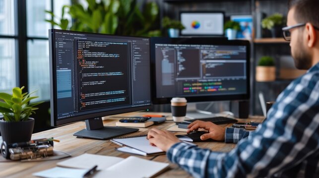 A focused software developer codes on a dual monitor setup in a modern office environment with a minimalist aesthetic. AIG41