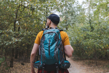 Back view of a young male tourist walking in the middle of the early autumn forest with big travel backpack