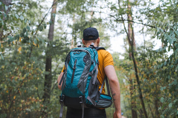 Back view portrait of a young man tourist walking in the middle of the early autumn forest with big travel backpack