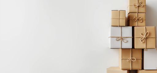 Elegant Gifts Aligned. A neatly arranged stack of gift boxes with natural twine on a white background