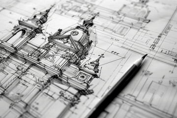 Architectural Design Drafting. Close-up of architectural sketches showcasing the intricate design of a classical facade