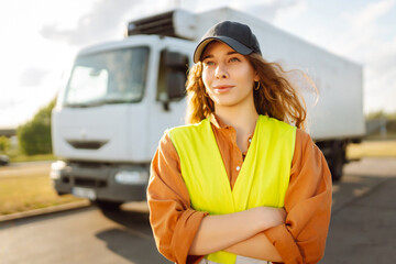 Woman Driver standing near truck. Transport industry theme. Logistic shipping.