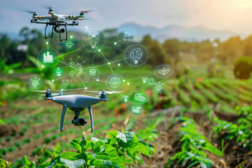 A smart agriculture scene with sensors and drones monitoring crop health and irrigation levels in a field.