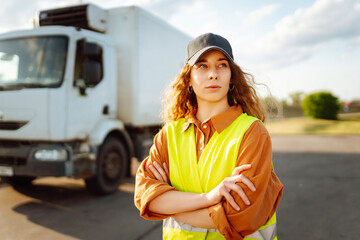 Woman Driver standing near truck. Transport industry theme. Logistic shipping.