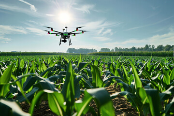 A smart agriculture scene with sensors and drones monitoring crop health and irrigation levels in a field.
