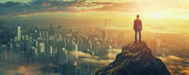 An individual gazes into the vast sky from the edge of a precipitous cliff, embodying a moment of reflection or decision.