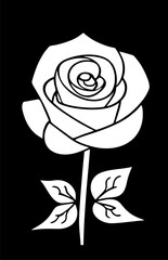 white graphic drawing of a rose flower with leaves on a black background, logo