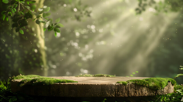 A round wooden podium with moss on the bottom, set against an enchanted forest background
