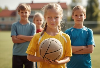 Three kids in sportswear playing basketball outside. A young girl holds the ball, flanked by two boys on a sunny day.