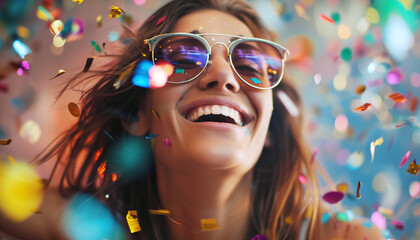 A beautiful female in fancy eyeglasses cheerfully laughs when she celebrates event under the falling multicolored confetti rain. Human emotions and woman's beauty concept image. - Powered by Adobe
