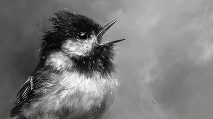   A monochrome depiction of a bird boasting an extended bill, its mouth agape - obrazy, fototapety, plakaty