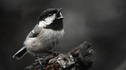   A small black-and-white bird perched on a tree branch with its mouth agape - obrazy, fototapety, plakaty