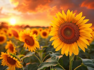 Fototapeta premium sunflower field at sunset, vibrant and warm , hyper detailed