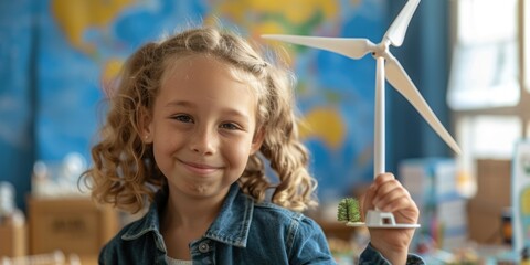 Happy smart children looking at camera while holding wind mill model with blurring background. Smiling kid smiling to camera while learning about green energy environmental power. ESG concept. AIG42. - obrazy, fototapety, plakaty