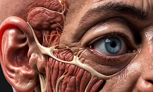 Close-up of a man's face, with muscles, tissues and so on visible