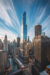 Obraz premium An establishing shot of downtown Chicago from above