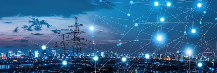 A smart grid infrastructure with IoT sensors managing energy distribution and optimizing power usage.