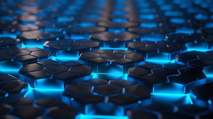 Obraz premium Artistic representation of a graphene sheetwhere each hexagonal honeycomb unit glows with an electric blue lightsymbolizing advanced material properties.