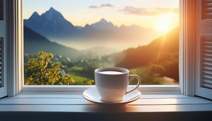 a cup of hot tea or coffee on the windowsill, mountains and sunset outside the window.
