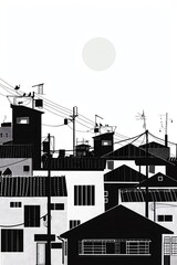 Naklejka premium detailed black and white illustration of a cityscape with birds on the electric wires