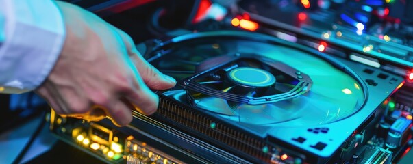 Naklejka premium An expert technician use hard disc to diagnose and inspect server hardware components in a data center