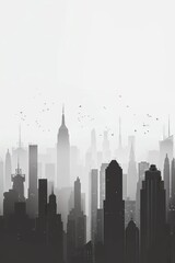 Pure minimalist design of a city skyline, using a single shade of grey and very fine lines to sketch out the basic contours of the city s highrises and structures, emphasizing mini