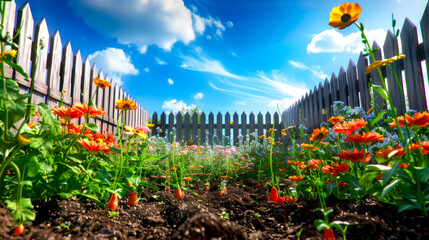Garden filled with lots of colorful flowers next to white picket fence.