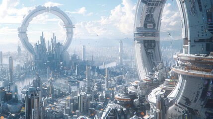 Illustrate a futuristic cityscape from a worms-eye view to symbolize an educational journey of milestones and achievements Utilize digital rendering techniques like CG 3D rendering to create a detaile - obrazy, fototapety, plakaty
