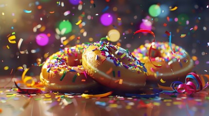 Fototapeta na wymiar Close-up of glazed donuts with colorful sprinkles on a black background